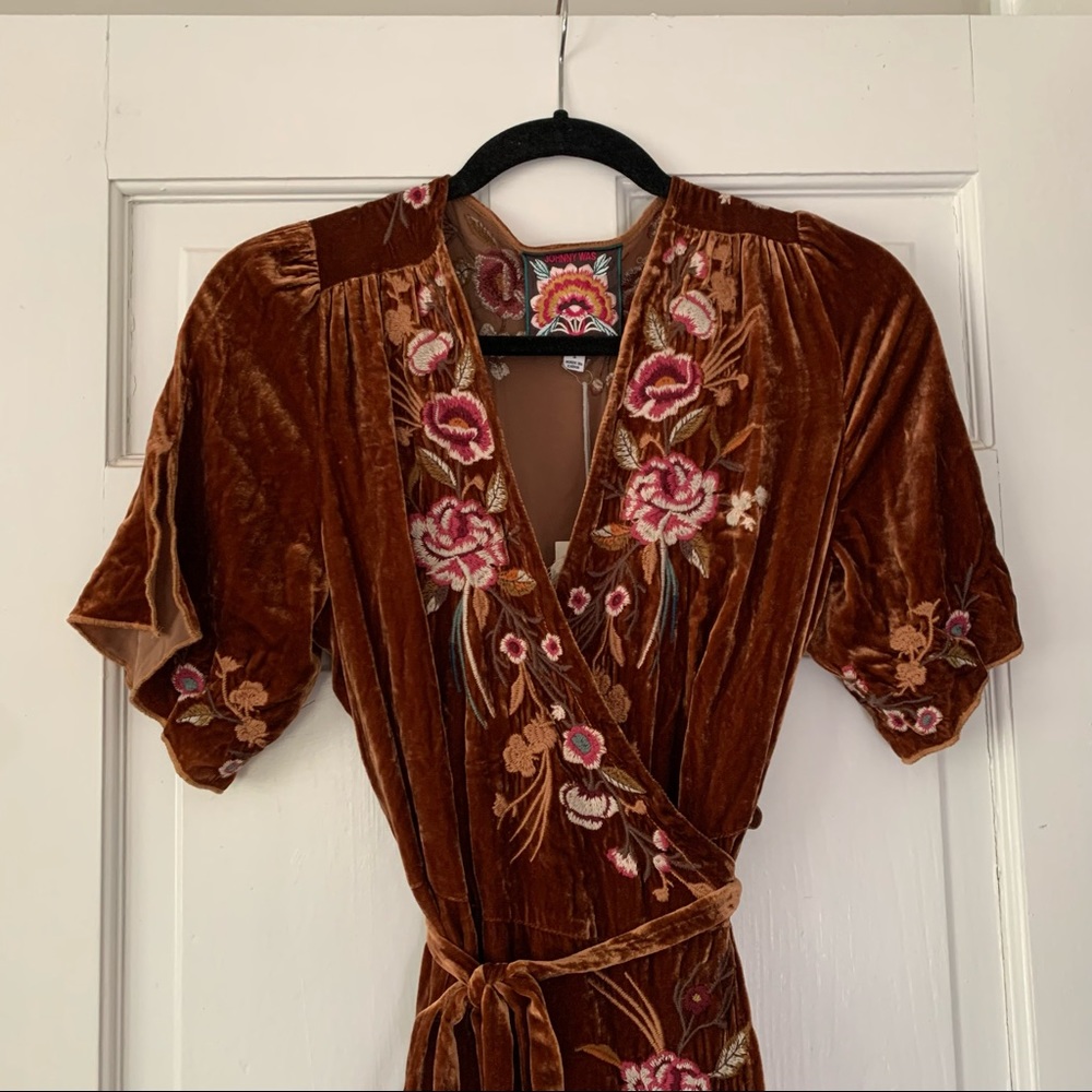 JOHNNY WAS VELVET EMBROIDERED WRAP DRESS